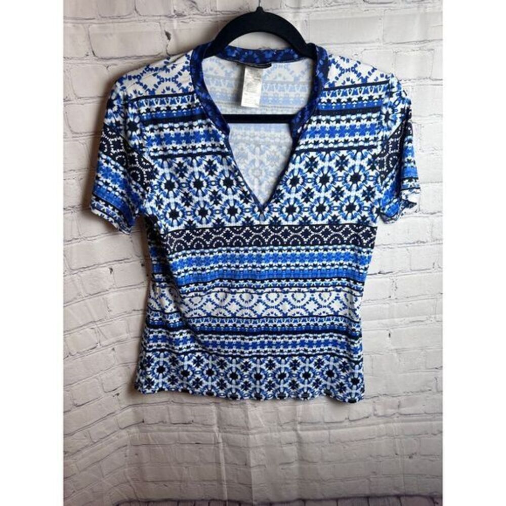 Tommy Bahama Fair Isle Print Knit Top Blouse Blue White Medium M‎